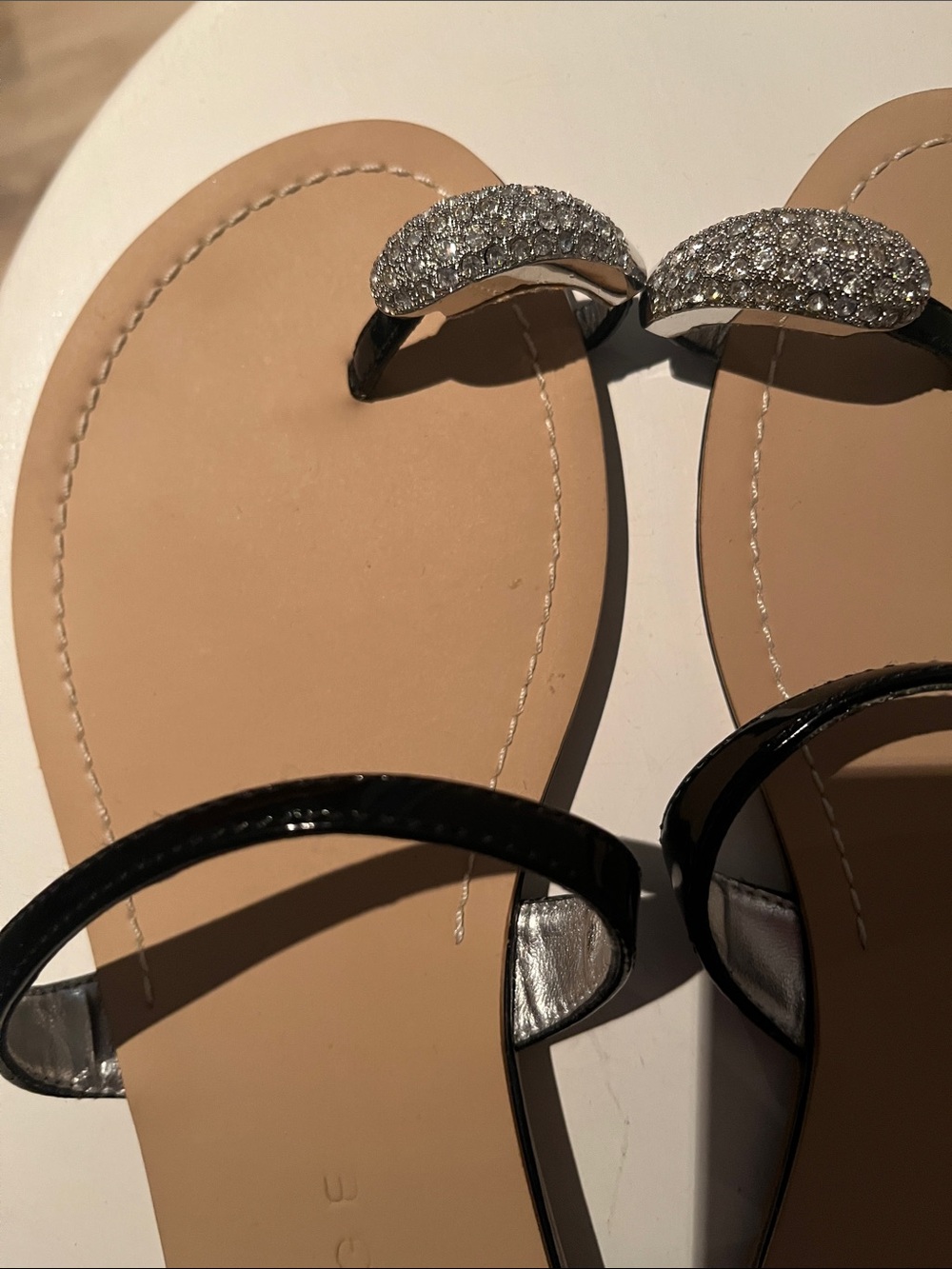 Rampage Patent Black Strap Sandals with Jeweled Toe Accents